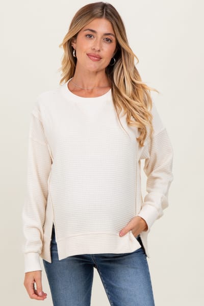 Hem & Thread Cream Oversized Contrast Trim Maternity Thermal Pullover
