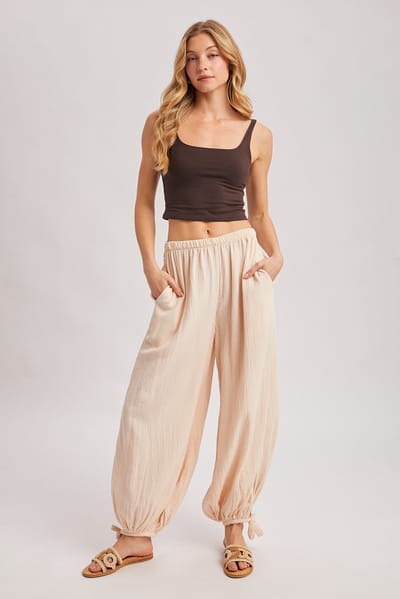 Bluivy Ecru Cotton Gauze Tie Hem Pants