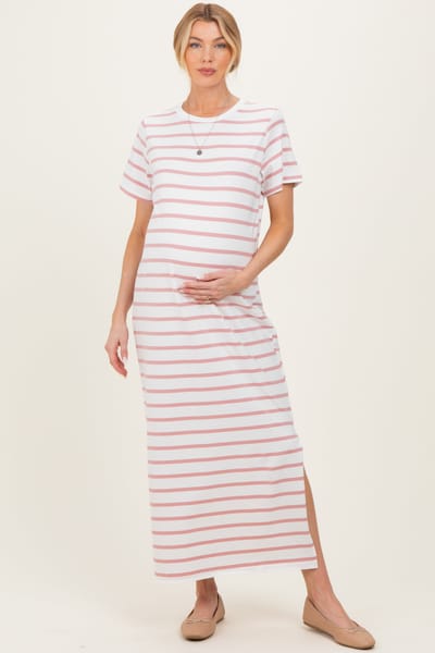 Vine & Love Peach Striped Side Slit Maternity Maxi Dress
