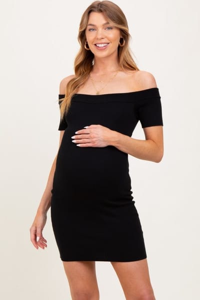 PinkBlush Black Off Shoulder Knit Maternity Mini Dress