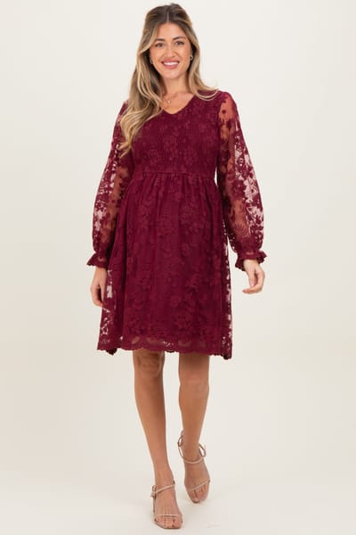 Polagram Burgundy Embroidered Lace Smocked Long Sleeve Maternity Dress