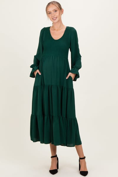 PinkBlush Forest Green Smocked Tiered Long Sleeve Maternity Maxi Dress