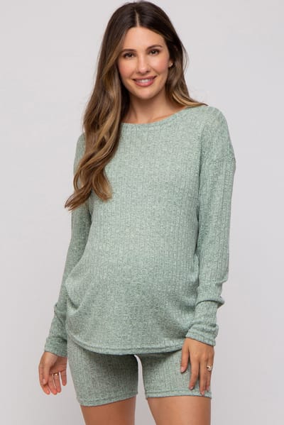Charmo Green Ribbed Long Sleeve Maternity Shorts Set