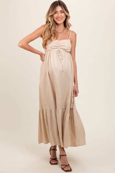 PinkBlush Beige Linen Front Cinch Maternity Midi Dress