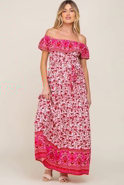 PinkBlush Red Floral Paisley Ruffle Off Shoulder Maternity Maxi Dress