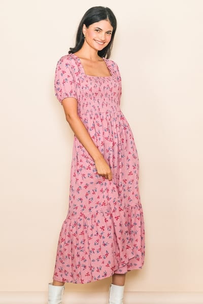 Elloh Pink Floral Smocked Short Sleeve Midi Dress