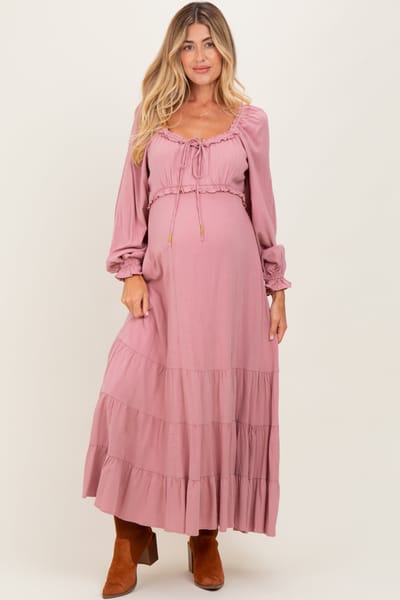 In Loom Mauve Ruffled Fit And Flare Maternity Maxi Dress