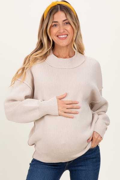 Zenana Outfitters Beige Wide Neck Drop Shoulder Maternity Sweater