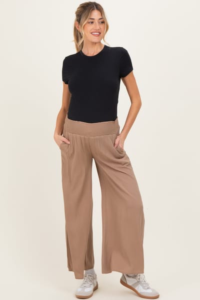 PinkBlush Camel Smocked Waist Ankle Wide Leg Maternity Pants