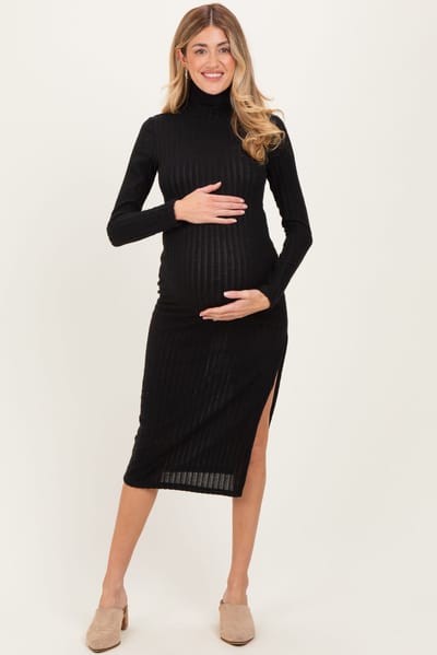 PinkBlush Black Ribbed Knit Turtleneck Side Slit Maternity Dress