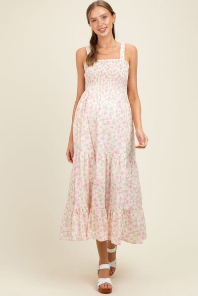 PinkBlush Light Pink Smocked Cotton Floral Sleeveless Maternity Maxi Dress