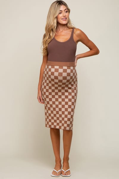 Polagram Beige Checkered Knit Maternity Skirt