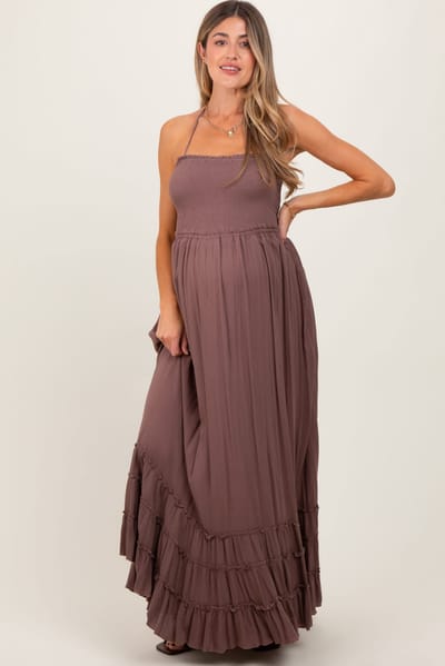PinkBlush Mocha Smocked Woven Maternity Maxi Dress