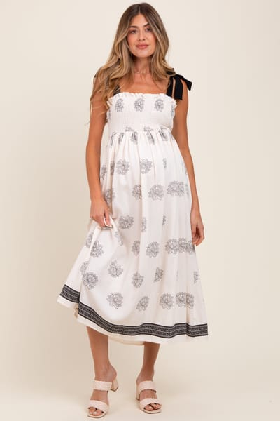 Rhea + Thea Cream/Black Vintage Floral Border Printed Smocked Top Sleeveless Maternity Maxi Dress