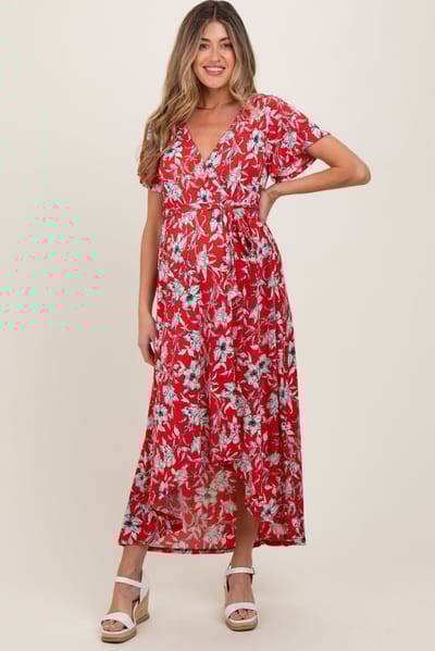 PinkBlush Red Floral Sash Tie Maternity Wrap Hi-Low Dress
