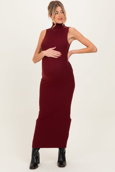 PinkBlush Wine Turtleneck Ribbed Knit Sleeveless Maternity Maxi Dress