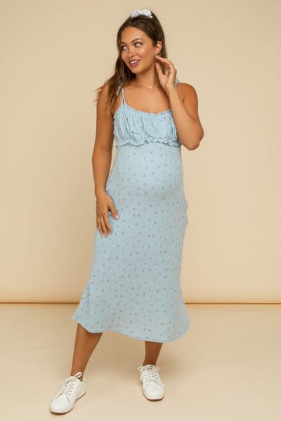 PinkBlush Light Blue Cherry Print Shoulder Tie Maternity Midi Dress