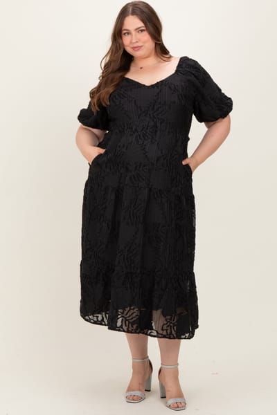 Polagram Black Leaf Textured Tiered Maternity Plus Midi Dress