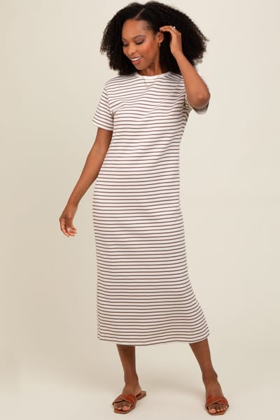 Polagram Cream Striped Short Sleeve T-Shirt Midi Dress