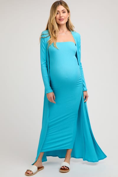 Canvas Apparel Aqua Ribbed Sleeveless Dress Cardigan Maternity Set