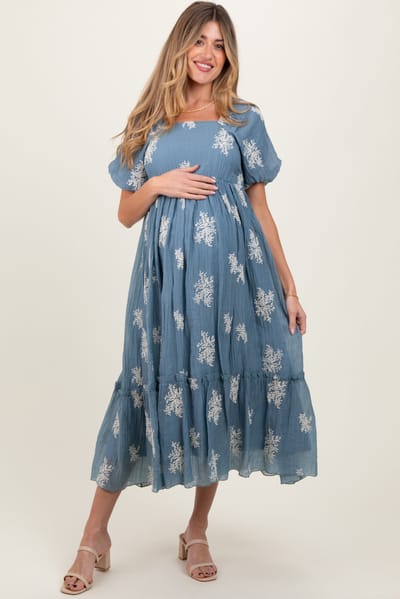 Polagram Blue Floral Print Ruffle Hem Maternity Midi Dress