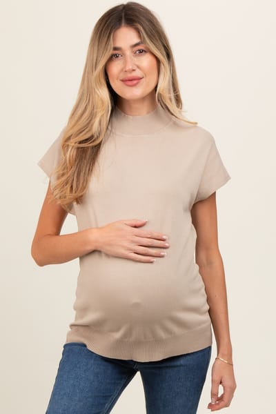 AnnieWear Beige Mock Neck Knit Maternity Top