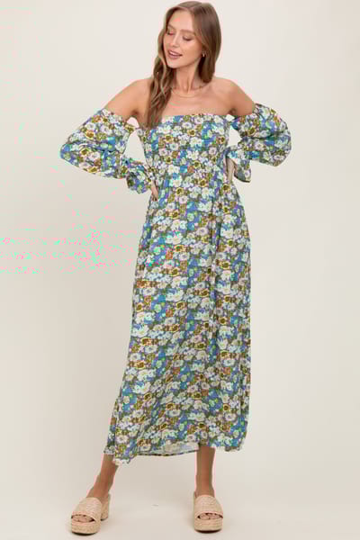 Elloh Deep Teal Floral Print Off Shoulder Smocked Maxi Dress
