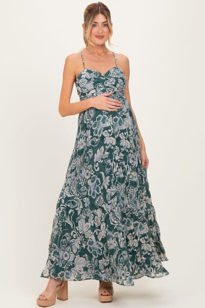 PinkBlush Teal Floral Sleeveless Maternity Maxi Dress