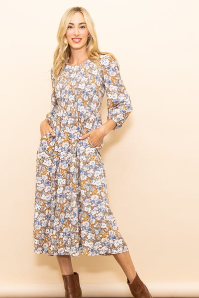 Elloh Taupe Floral Smocked Tiered Midi Dress