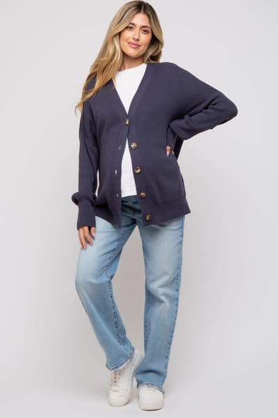 Miracle Navy Basic Ribbed Maternity Cardigan Sweater
