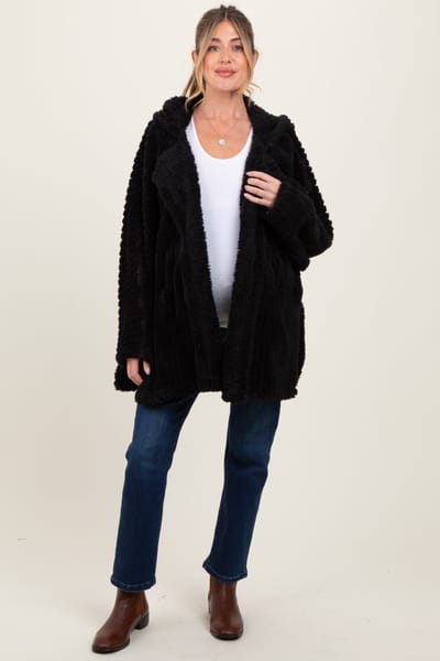 Hem & Thread Black Fuzzy Slit Hem Hooded Maternity Cardigan
