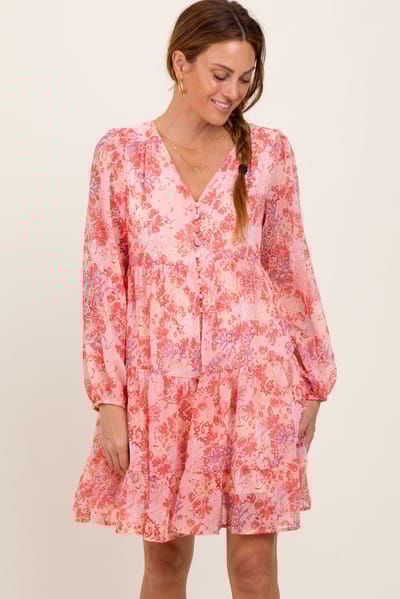Mitto Pink Floral Chiffon Babydoll Long Sleeve Dress