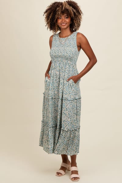 Elloh Light Olive Floral Sleeveless Ruffle Tiered Maxi Dress