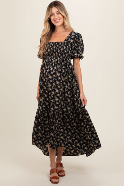 Elloh Black Floral Smocked Square Neck Short Puff Sleeve Maternity Midi Dress