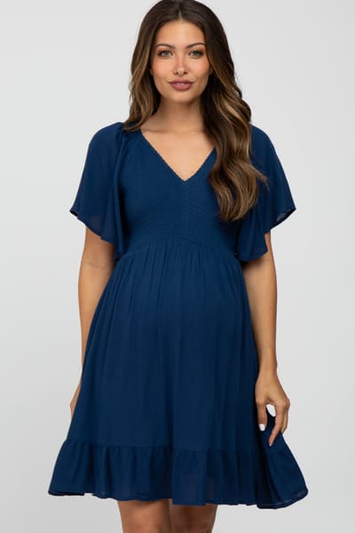 In Loom Navy Blue Smocked Front Ruffle Hem Maternity Dress