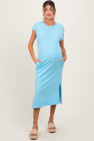 PinkBlush Aqua Casual Sleeveless Pocketed Maternity Midi Dress
