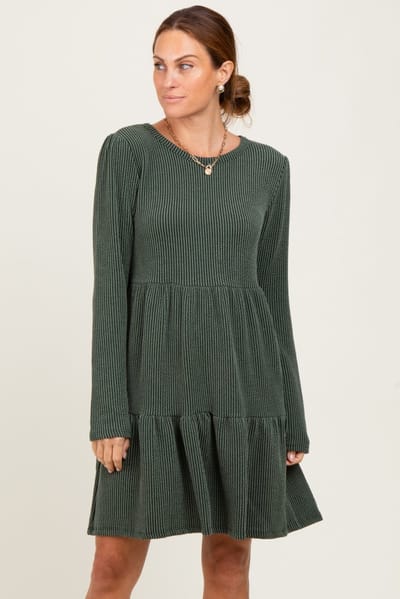 Heimish Olive Textured Rib Tiered Long Sleeve Dress