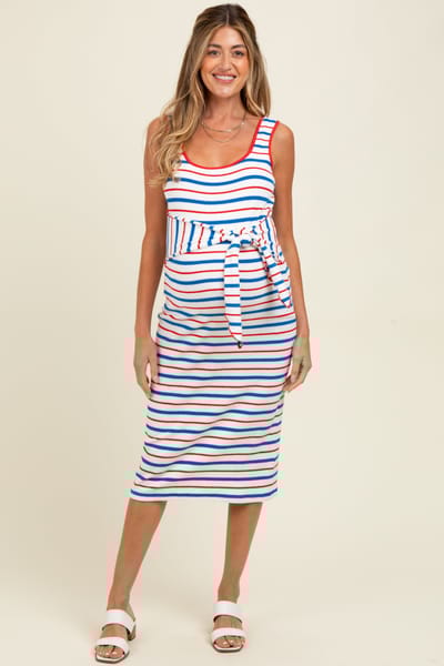 White Birch Blue Multi Striped Sleeveless Maternity Midi Dress
