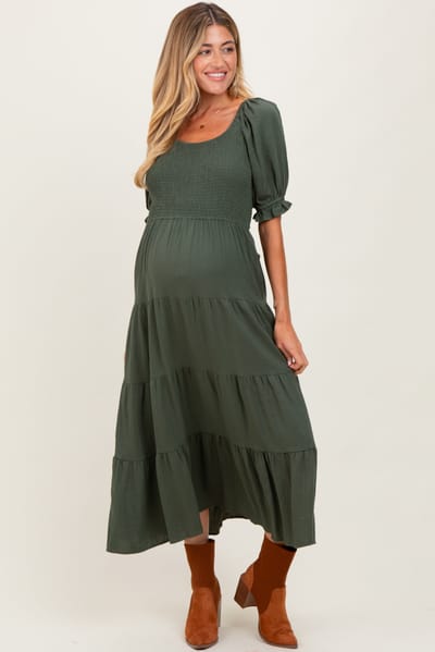 In Loom Olive Smocked Tiered Maternity Maxi Dress