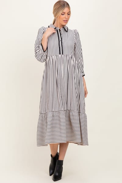 Entro Black Striped Scallop Trim 3/4 Sleeve Midi Dress