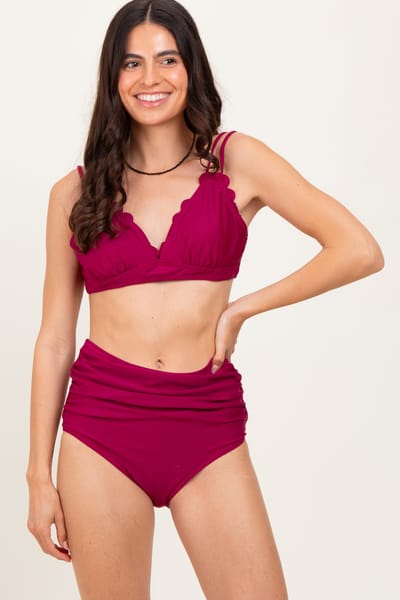 Charmo Magenta Scalloped V-Neck High Waist Two-Piece Swimsuit