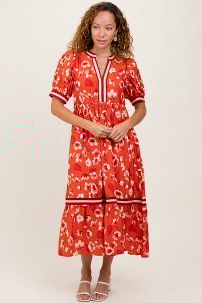 Entro Red Floral Contrast Trim Midi Dress