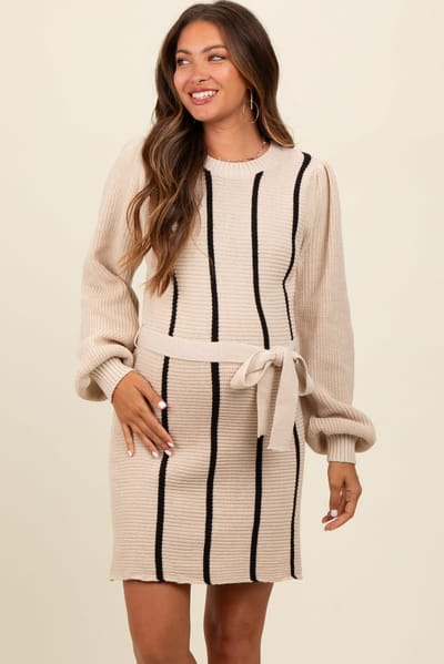 PinkBlush Cream Striped Sash Tie Maternity Sweater Dress