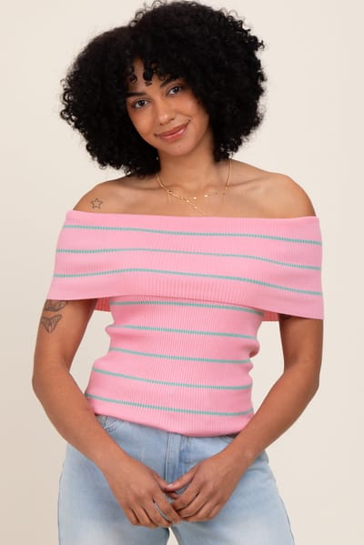 Wishlist Light Pink Striped Off The Shoulder Sweater Top