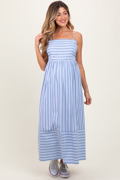 Doe & Rae Light Blue Striped Sleeveless Maternity Maxi Dress