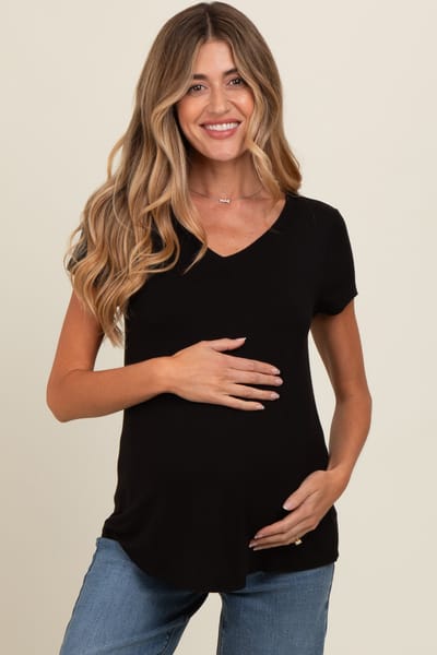 PinkBlush Black Basic V-Neck Short Sleeve Maternity Top