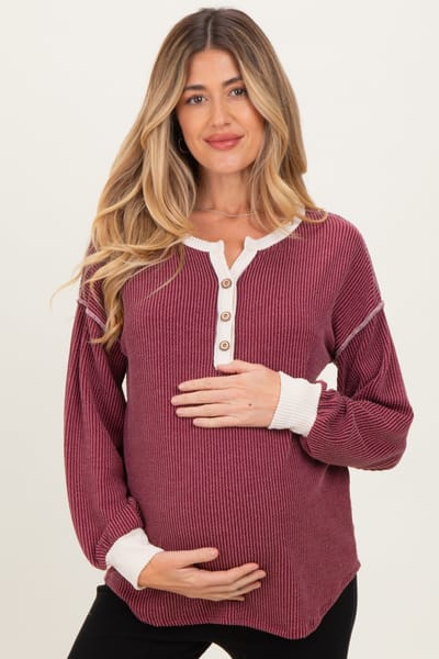 7th Ray Burgundy Textured Rib Bubble Sleeve Maternity Henley