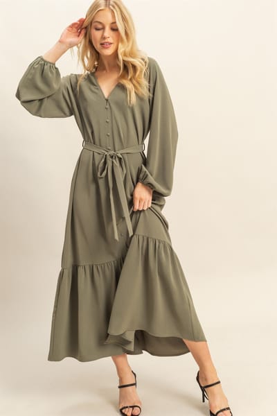 Hyfve Olive Elegant Long Sleeve Waist Tie Midi Dress