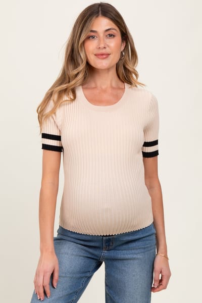 White Birch Beige Striped Short Sleeve Maternity Knit Top