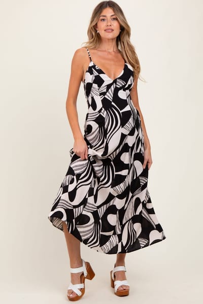 PinkBlush Black Geometric Print Sleeveless Maternity Maxi Dress